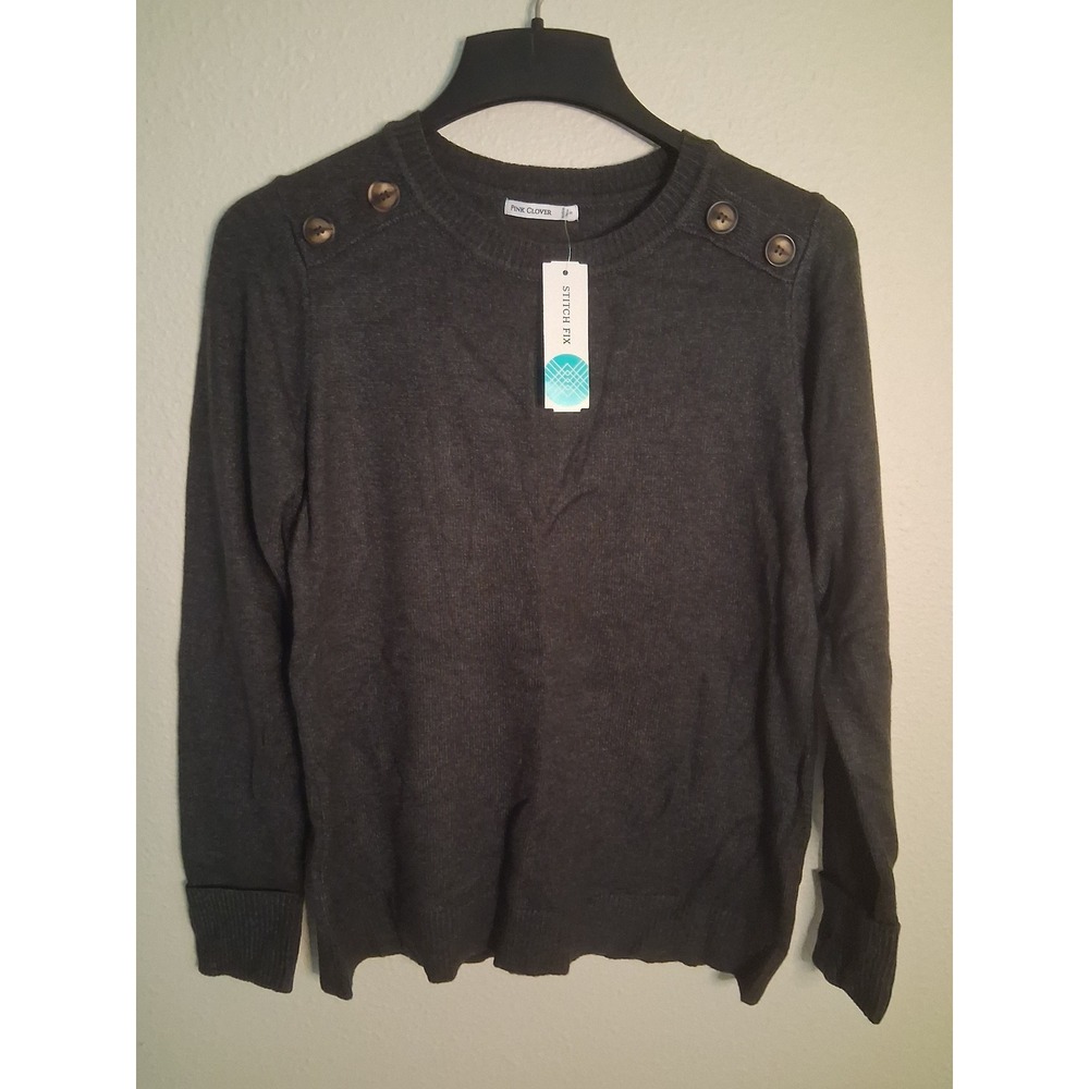 Pink Clover Stitch Fix Womens Grey Button Shoulder Long Sleeve Knit Sweater NWT